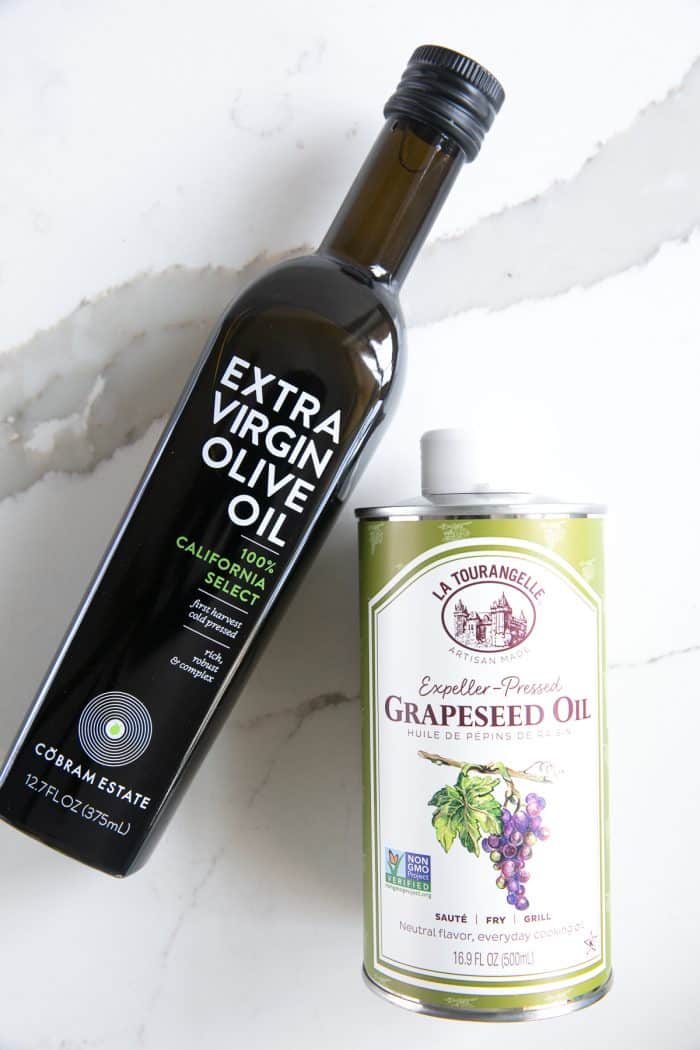 Bottle of extra virgin olive oil and grapeseed oil