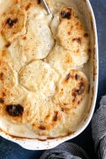 Overhead image of baked scalloped potatoes.