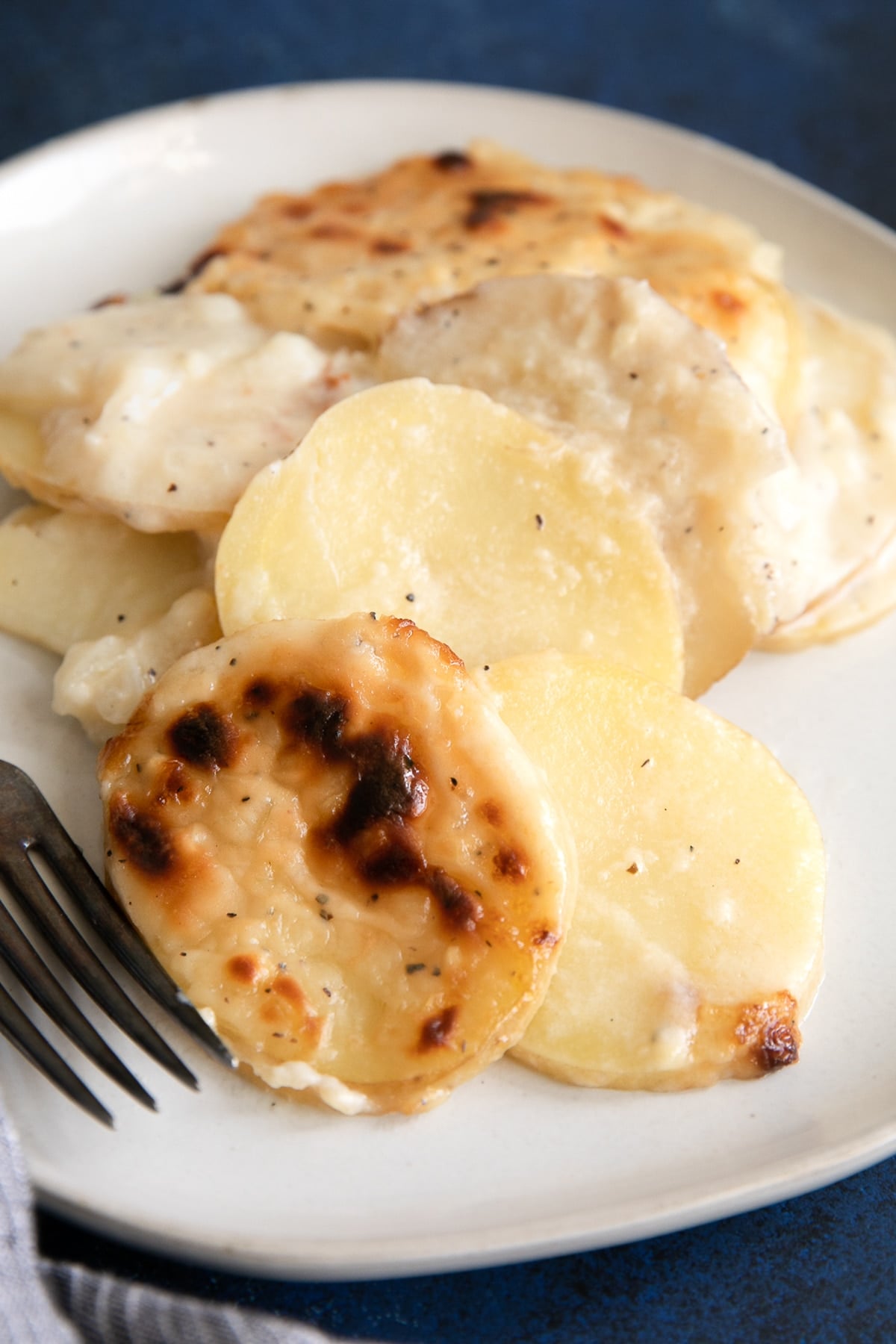 White plate filled with creamy scalloped potatoes.