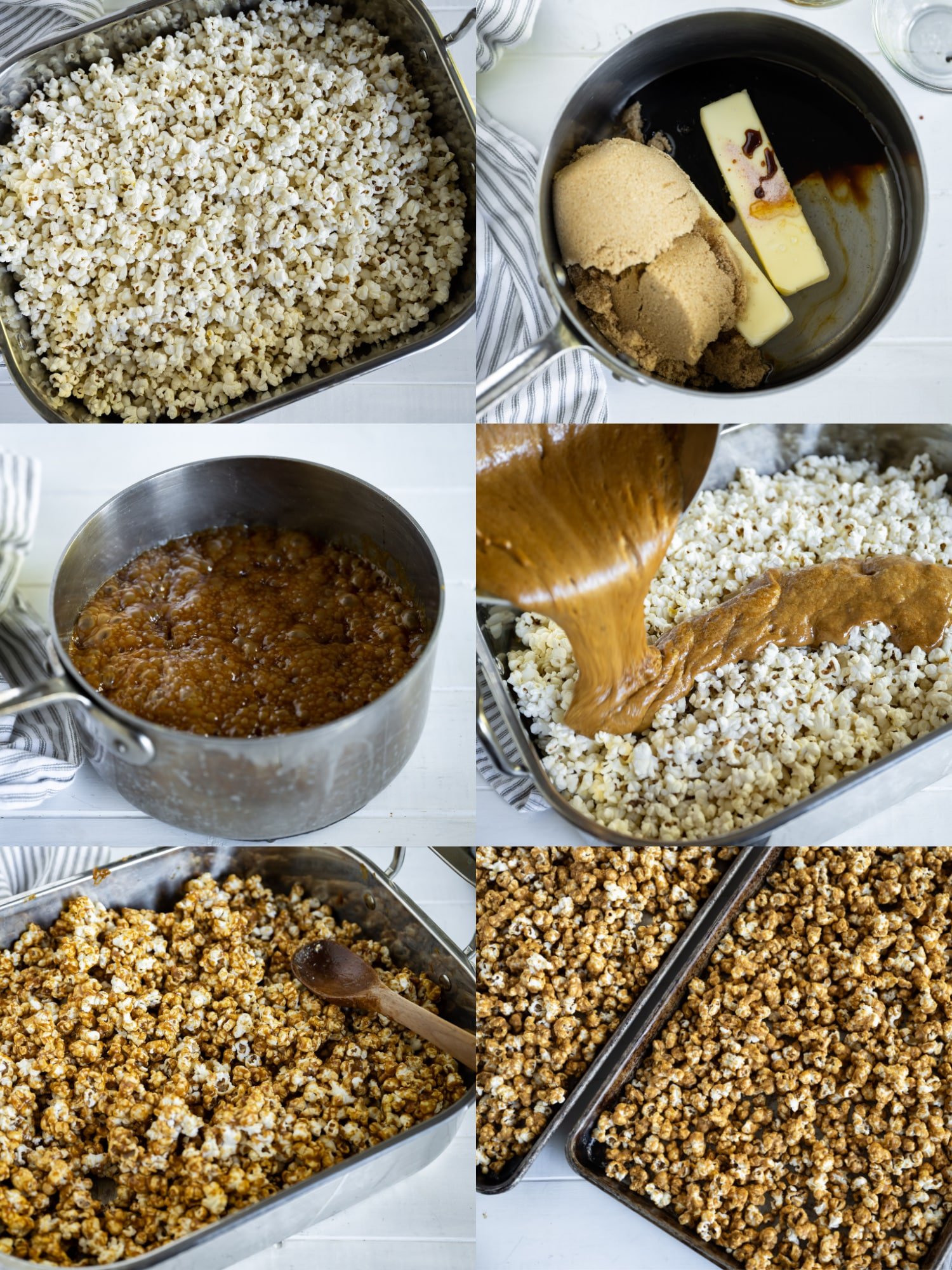 Collage of step-by-step images showing how to make homemade gingerbread caramel corn.