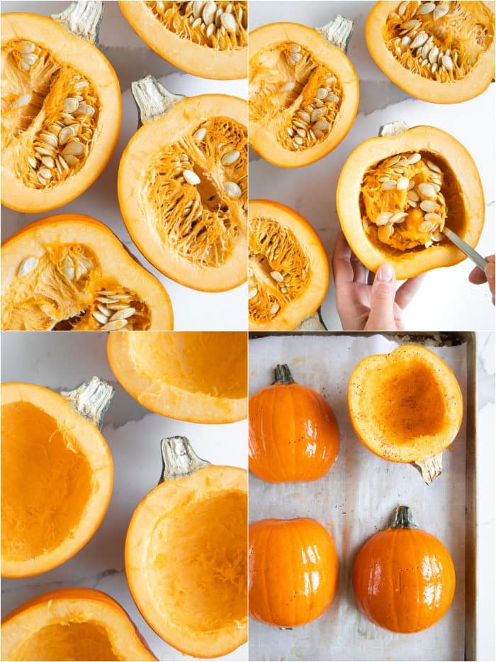 Collage image showing the step-by-step process of preparing a pumpkin for cooking.