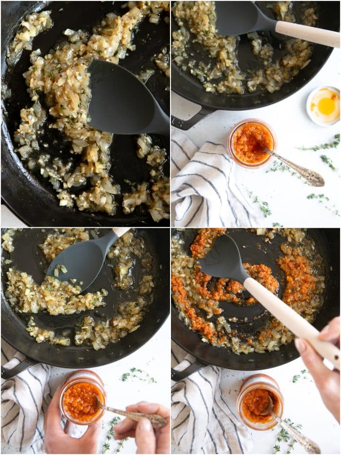Collage of 4 images showing how to make creamy sundried tomato pesto sauce.