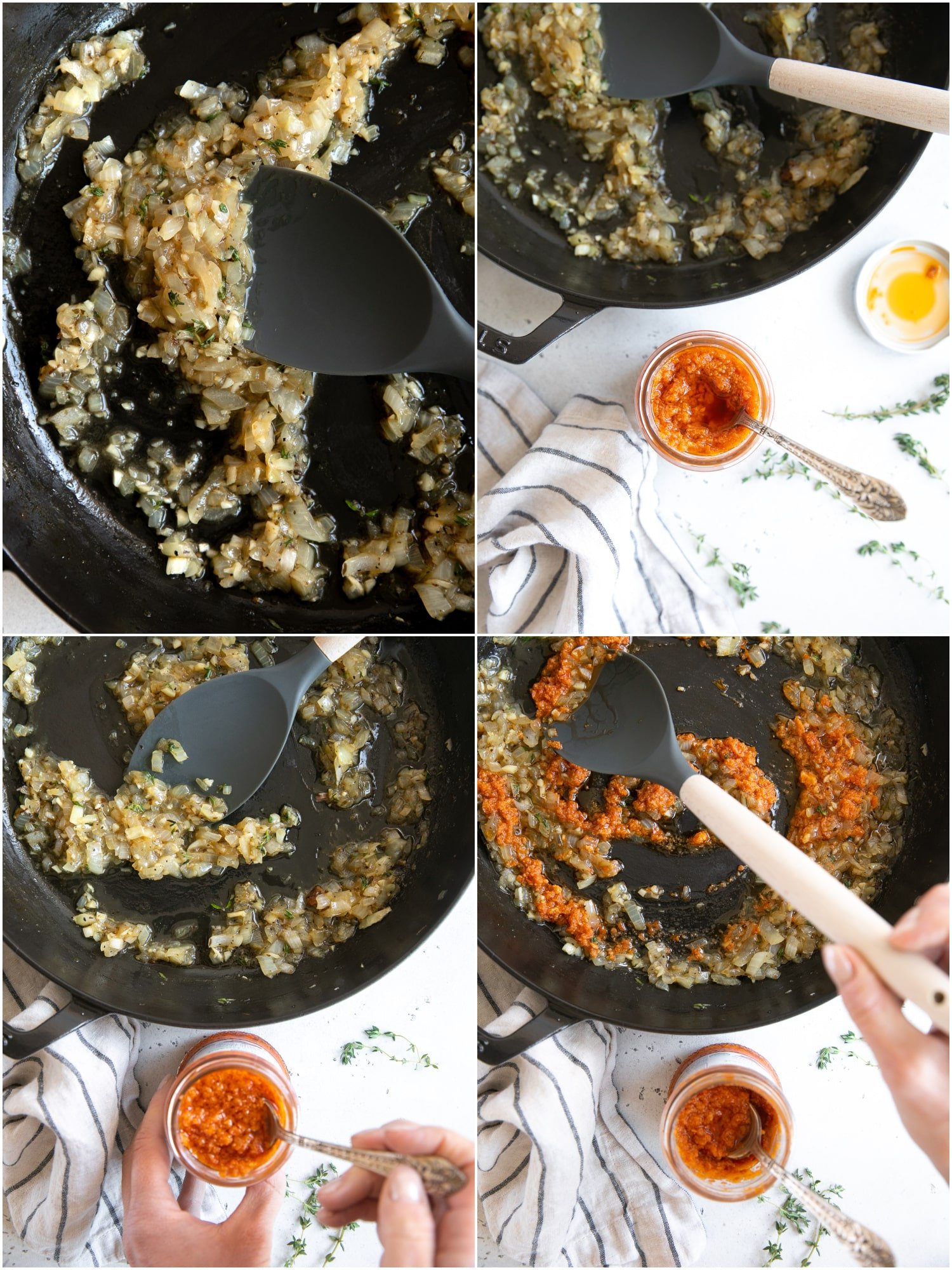 Collage of 4 images showing how to make creamy sundried tomato pesto sauce.