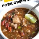 A bowl of instant pot pork green chili stew filled with tender chunks of pork with a lime wedge sinking into the broth.