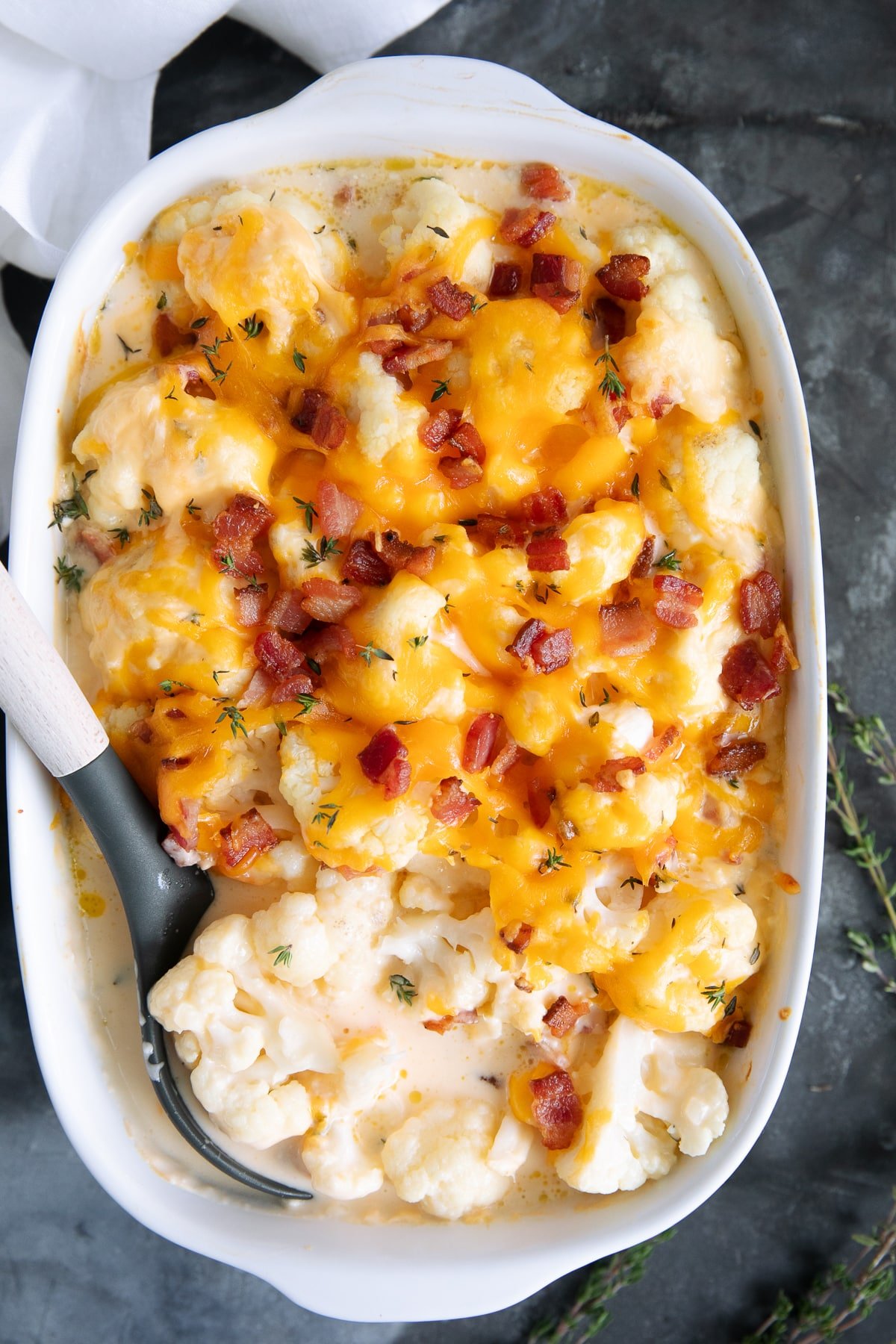 Hot melty cauliflower bake with bacon.