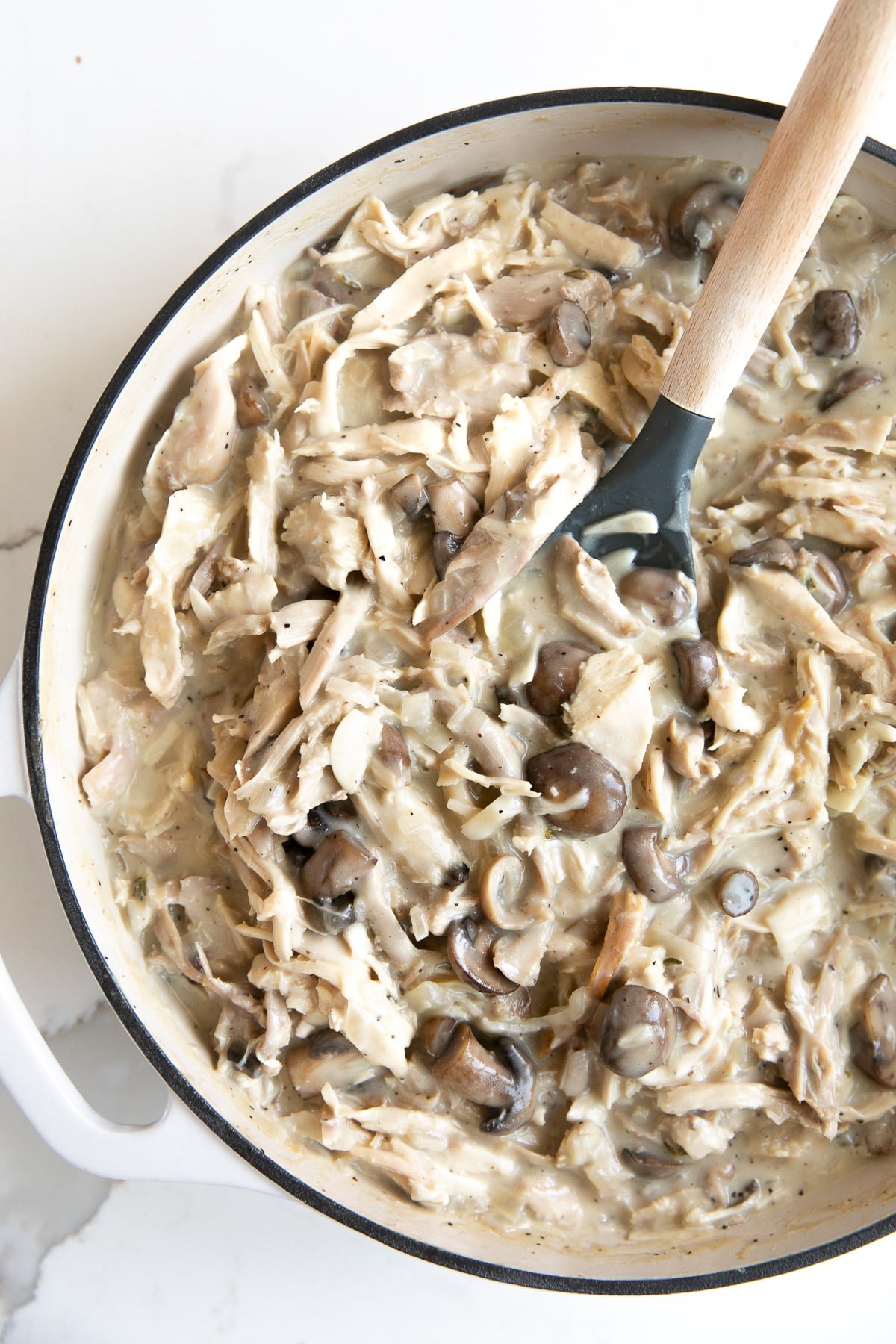 Chicken mixed together with homemade creamy mushroom sauce.