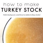 Large white Dutch oven filled with turkey bones, carrots, celery, onions, fresh parsley, and herbs ready to make homemade turkey stock. A glass mason jar filled with golden turkey stock sits on a white surface. Below, a close-up of a pot brimming with rich, homemade turkey stock.
