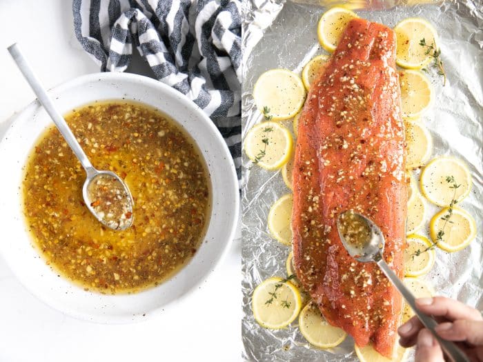 Two images side-by-side the first showing a bowl filled with lemon juice, honey, garlic, melted butter, and Italian seasoning all mixed together, the second image shows the mixed together sauce being spooned onto a large side of salmon.