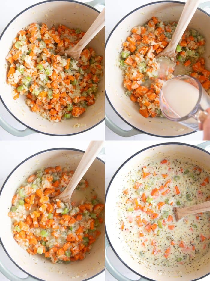 Collage of four images showing vegetables in a large Dutch oven covered in flour, chicken broth slowly being added, and the final image with heavy cream mixed in.