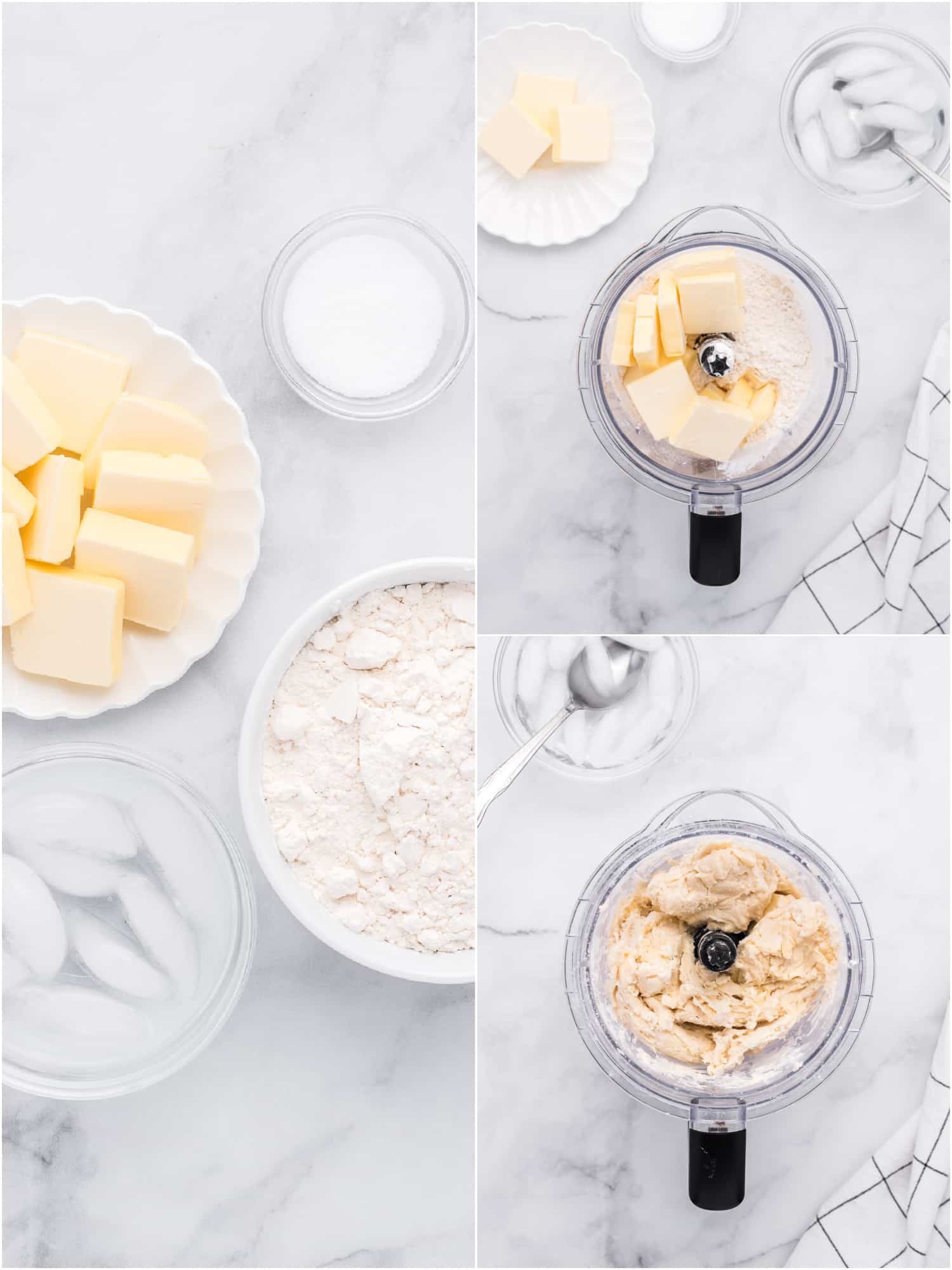 Collage of three images with one image showing ingredients needed to make homemade crust, the second image with butter and flour, and the third image of a food processor filled with processed dough.