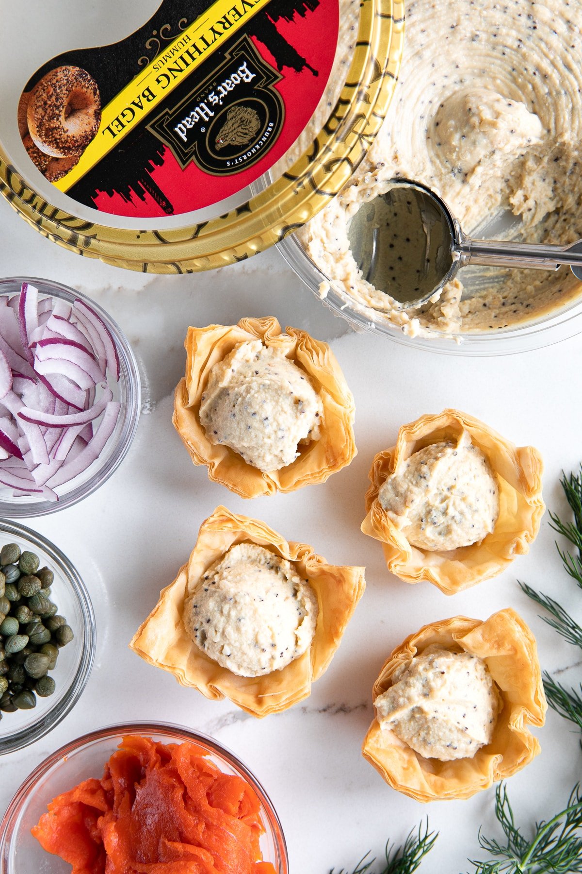 Homemade Phyllo Cups with Hummus (3 ways!) - The Forked Spoon