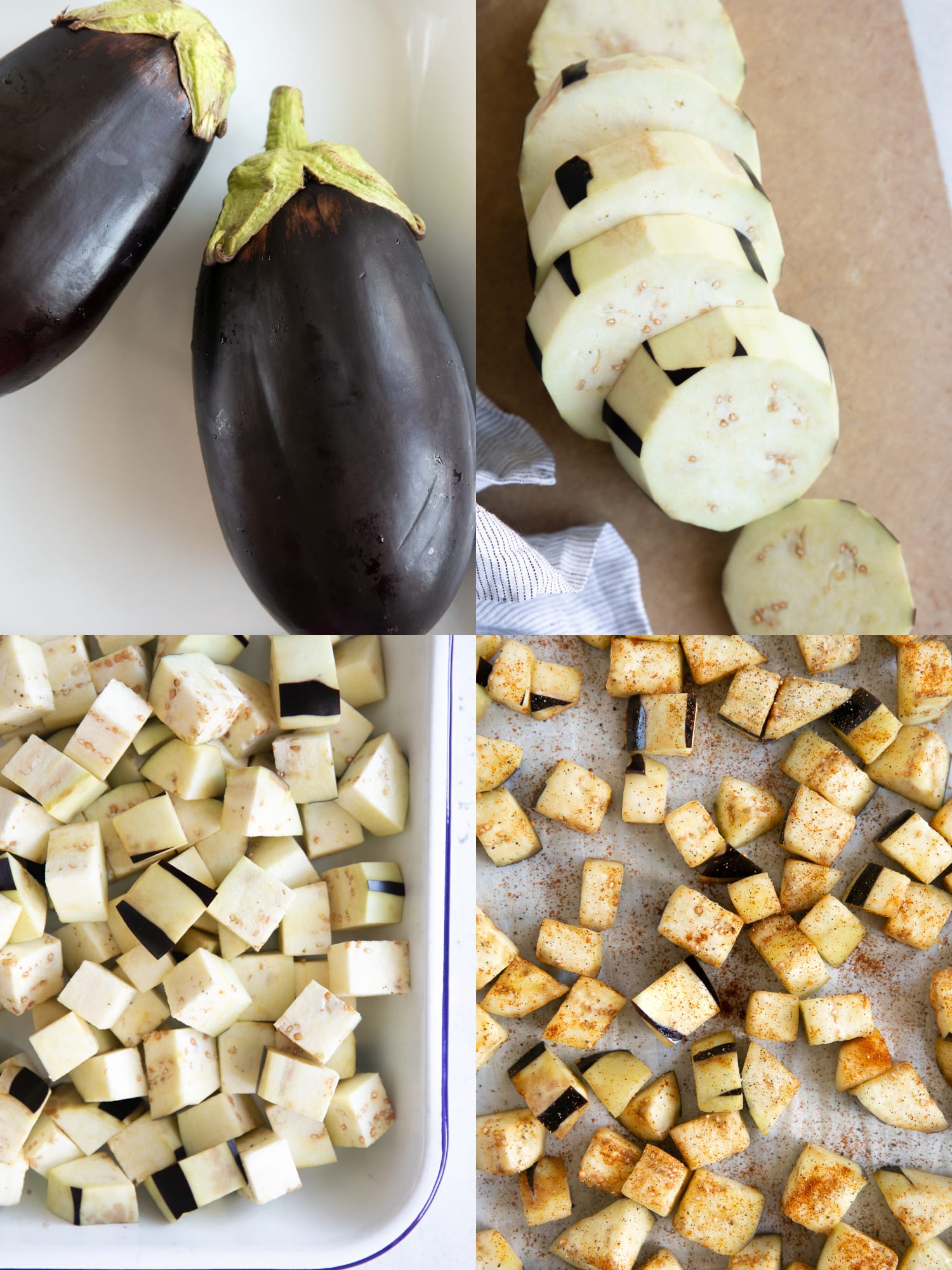 Collage of four images: the first shows 2 whole globe eggplants, the second shows the eggplants sliced into discs, the third shows the eggplant in a large with tray , and the last image shows the eggplant cubes spread over a large baking sheet and seasoned.