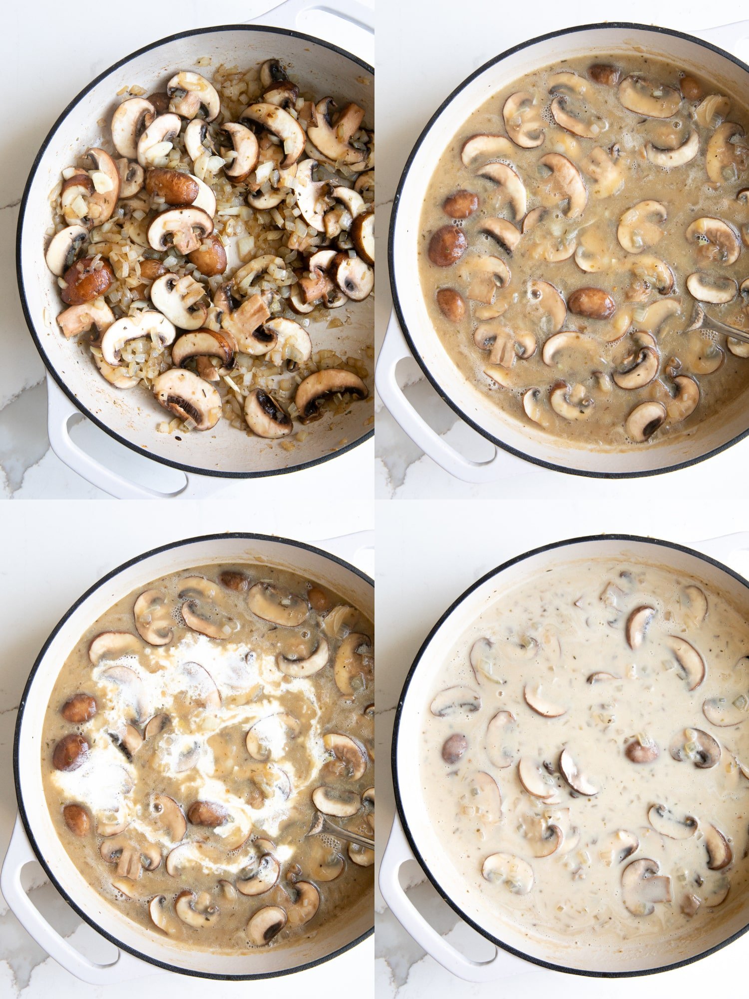 Collaged of 4 images showing the step to prepare the creamy mushroom sauce for smothered pork chops.