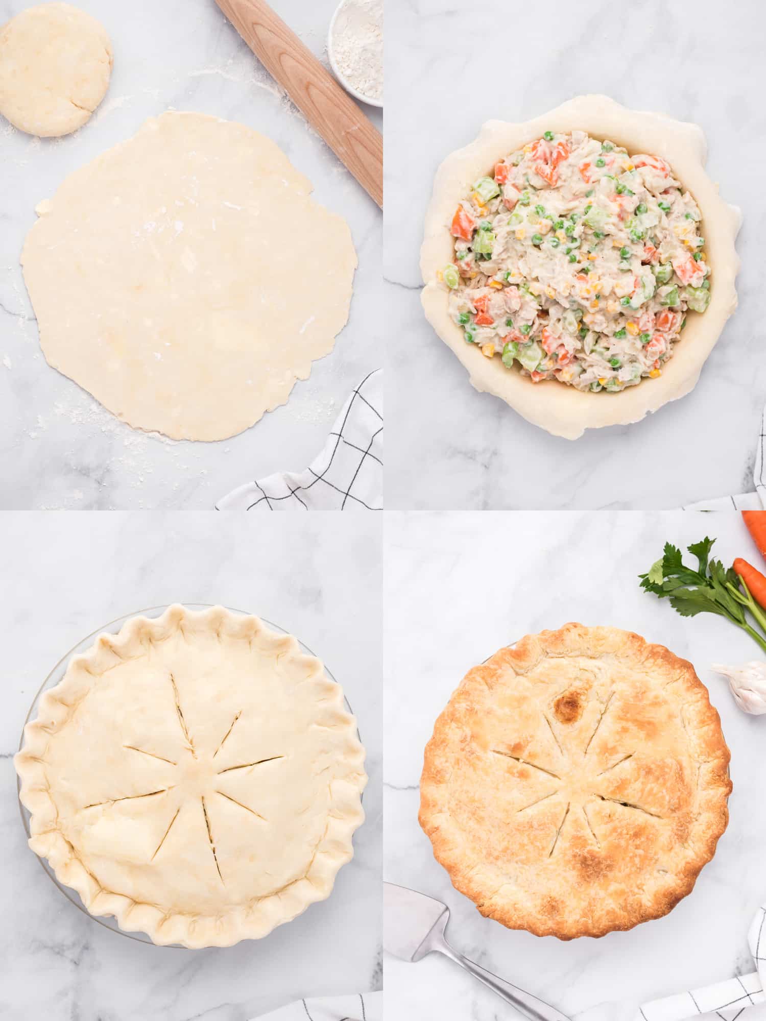 Collage of four images showing the assembly of a homemade chicken pot pie with homemade pie crust.