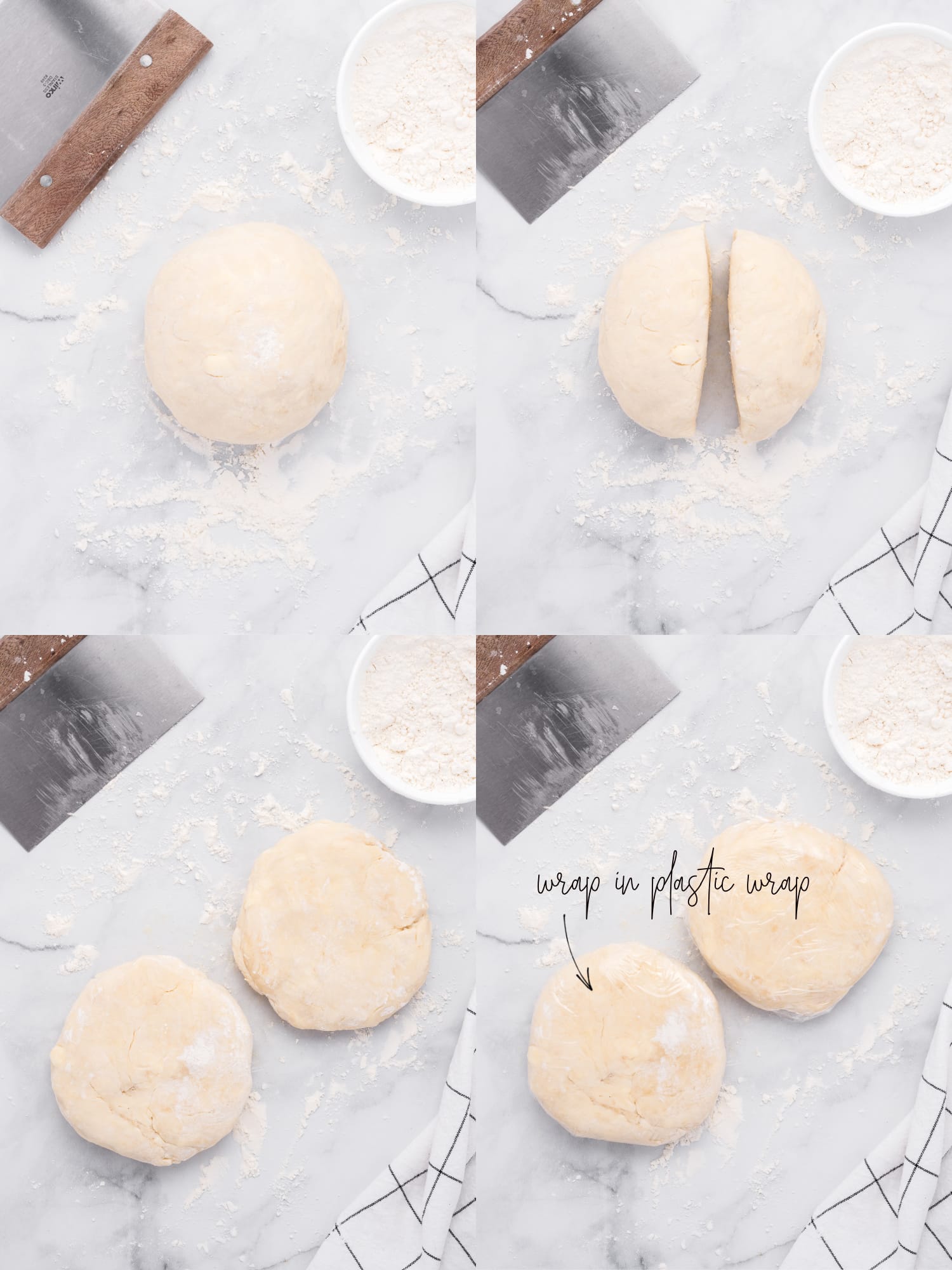 Four collaged images showing the steps of forming the dough for homemade pie crust, dividing in half, flattening slightly, and wrapping in plastic wrap.