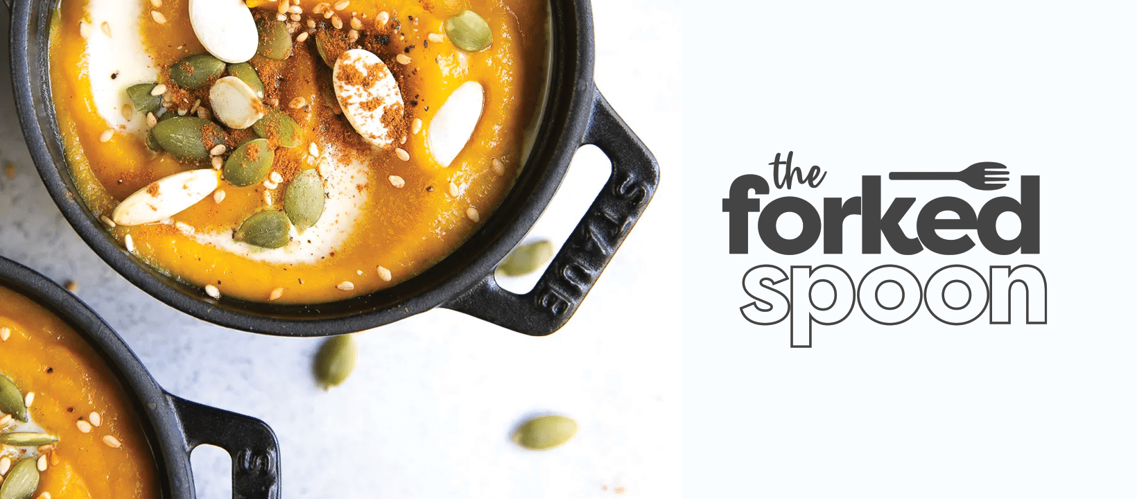 Logo of The Forked Spoon showing Spork with a curried soup in coquette
