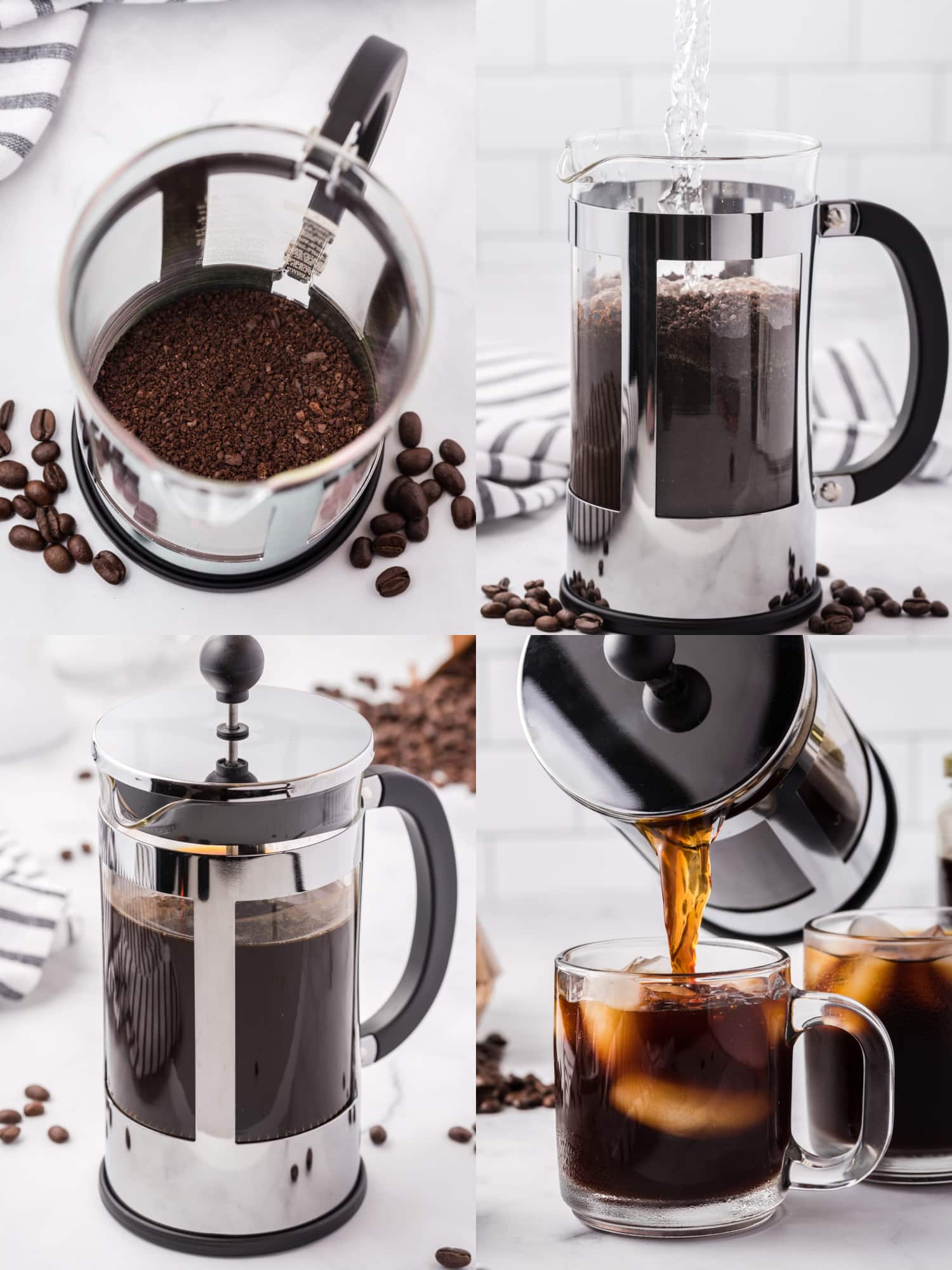 A four image collage showing how to make cold brew coffee using a french press.