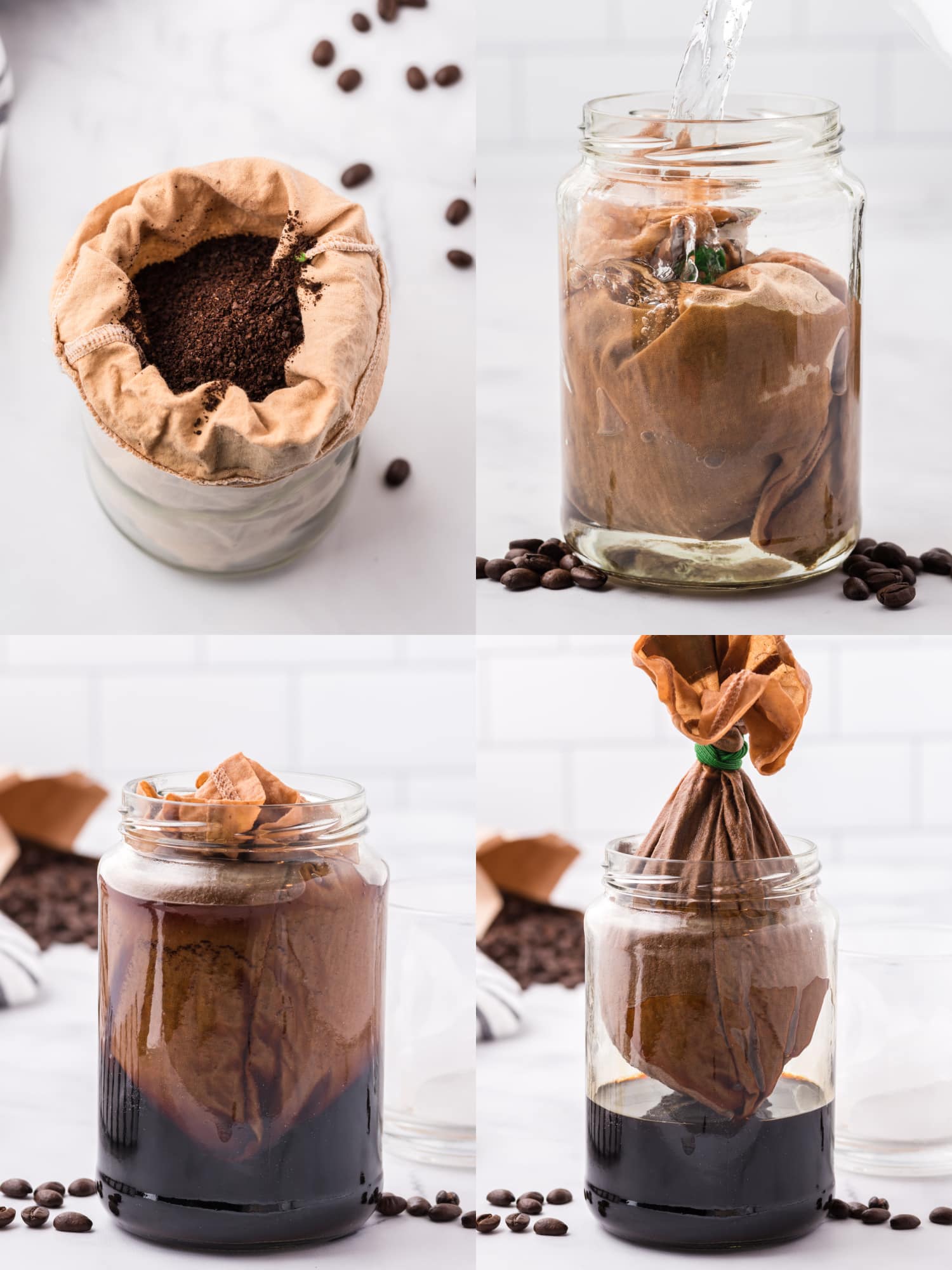 A four image collage showing how to make cold brew coffee using coffee grounds, a milk sac or cheese cloth, and a jar.