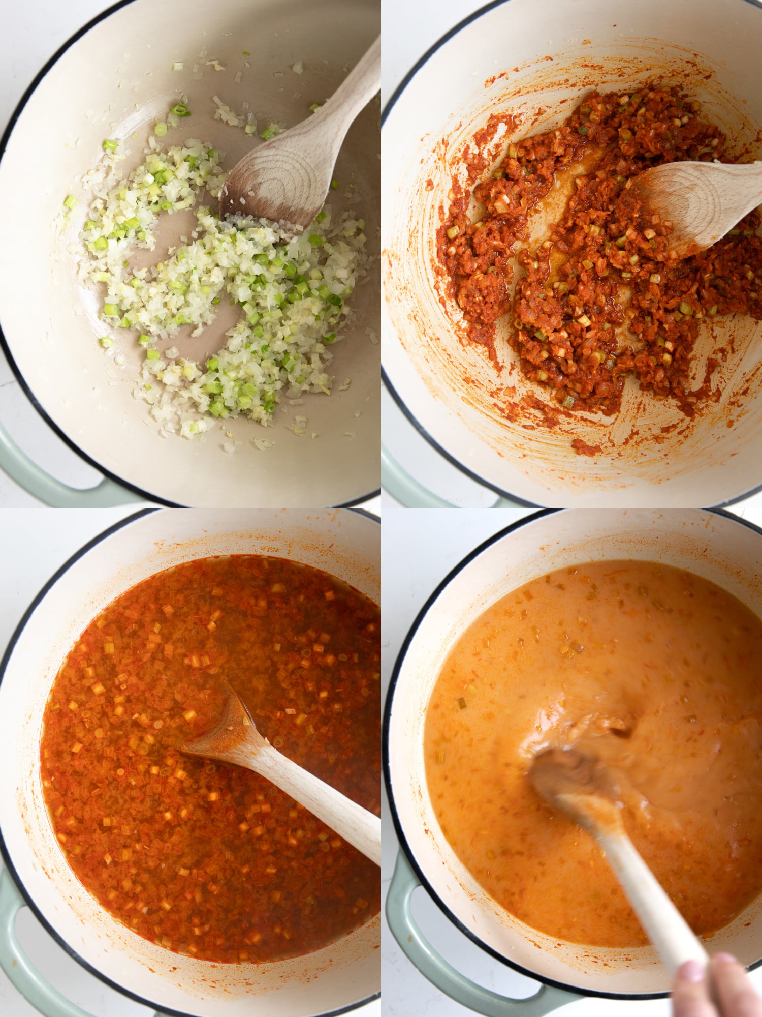 Collaged image of four images showing the beginning steps on how to make the broth for chicken curry noodle soup with coconut milk.