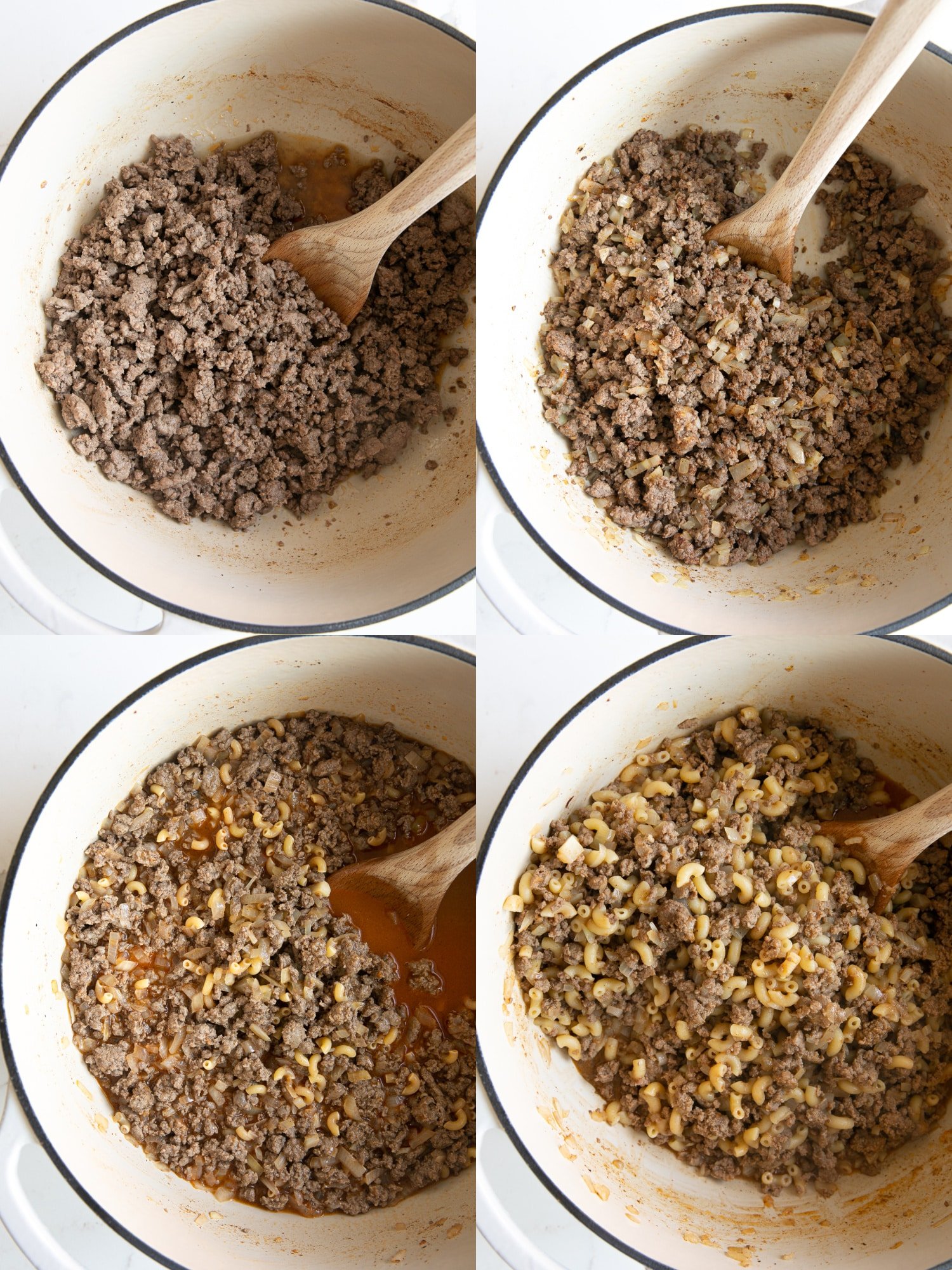 Collage of four images showing how to make easy homemade one-pot hamburger helper.
