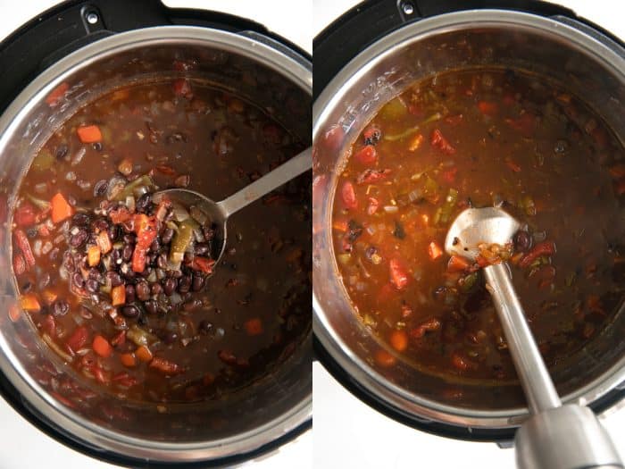 Two images side-by-side showing cooked Instant Pot black bean soup in a large Instant Pot.