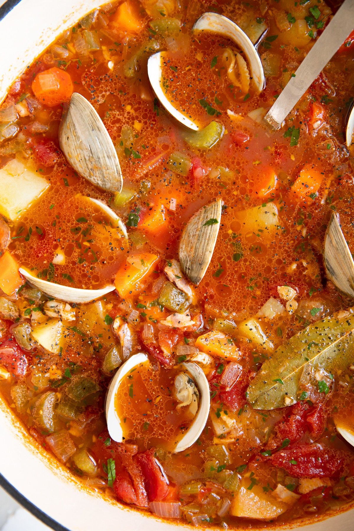 Overhead image of a large pot of Manhattan clam chowder filled with carrots, celery, onion, potatoes, little neck clams, all simmering in a tomato and clam broth.