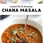 Pinterest Pin for chana masala recipe with three images and text overlay.