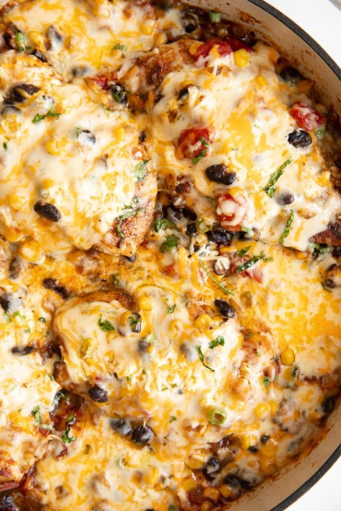 Overhead image of a large white skillet filled with thinly sliced chicken breasts cooked and covered with a mixture of onions, black beans, tomatoes, and sweet corn and smothered in melted cheese.