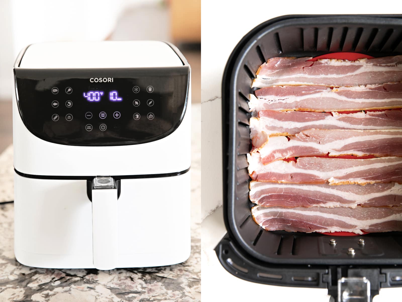 Collage of two images, the first is of a Cosori air fryer set on a kitchen countertop and the second is of strips of raw bacon in a single layer inside the basket of an air fryer.
