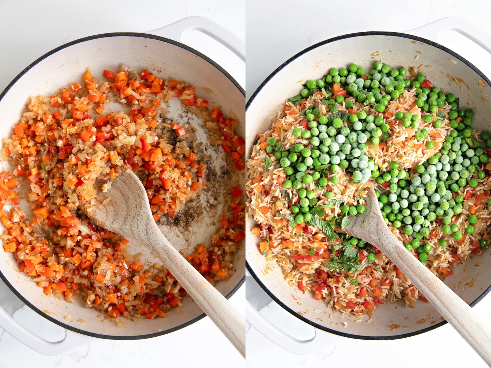 Collage of two images showing two of the steps required to make arroz con pollo - chicken and rice.