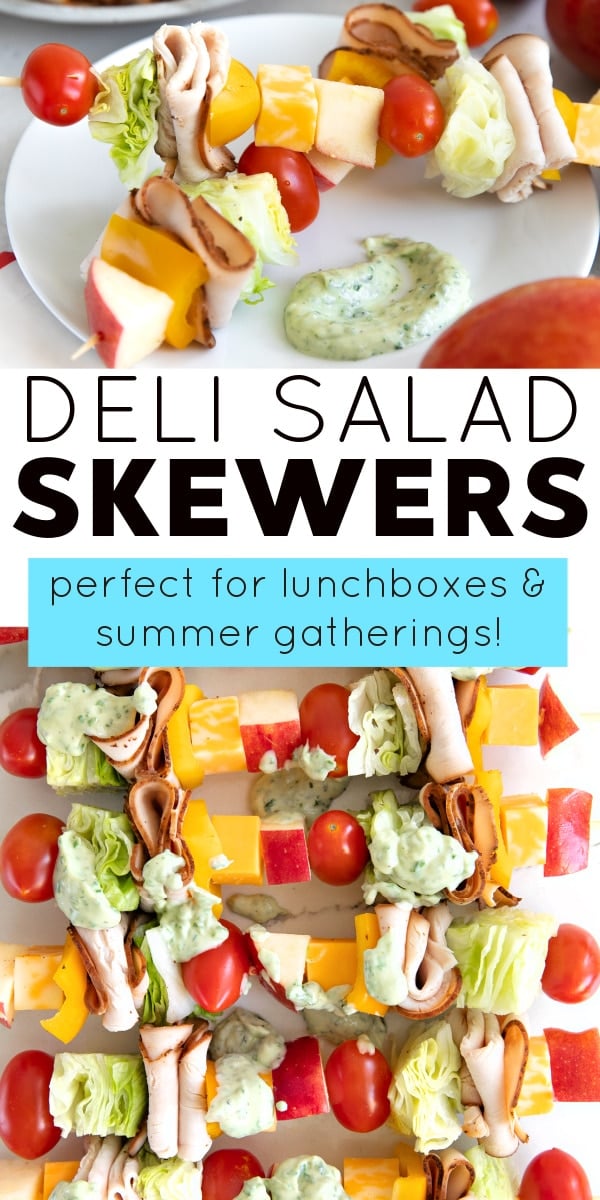 Deli Salad Skewers with 2-Ingredient Basil Mayonnaise pinterest pin collage image