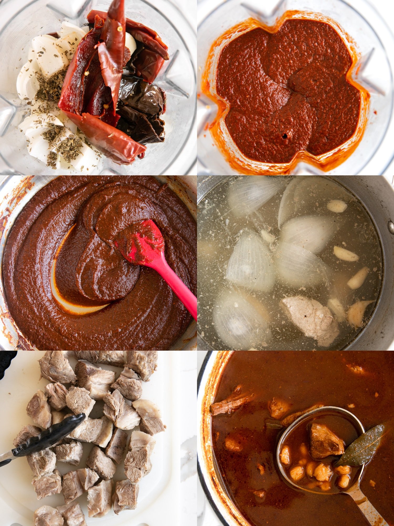 Six images in a collage showing the steps in making homemade posole recipe.