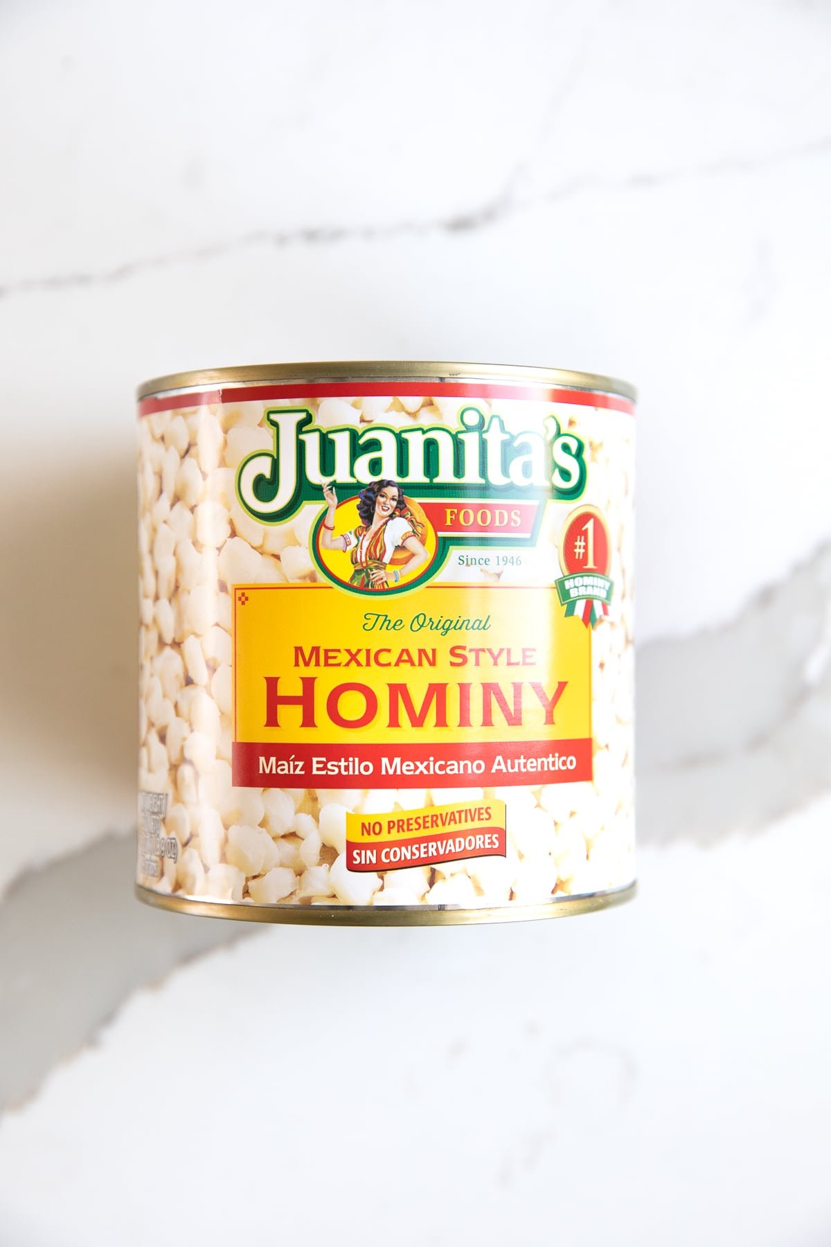 Image of a large can of unopened hominy.