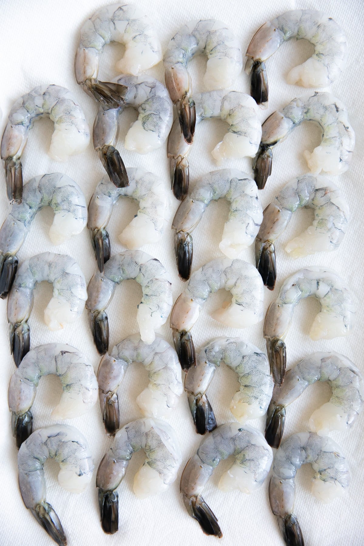 Raw peeled and deveined shrimp lined up on a paper towel.