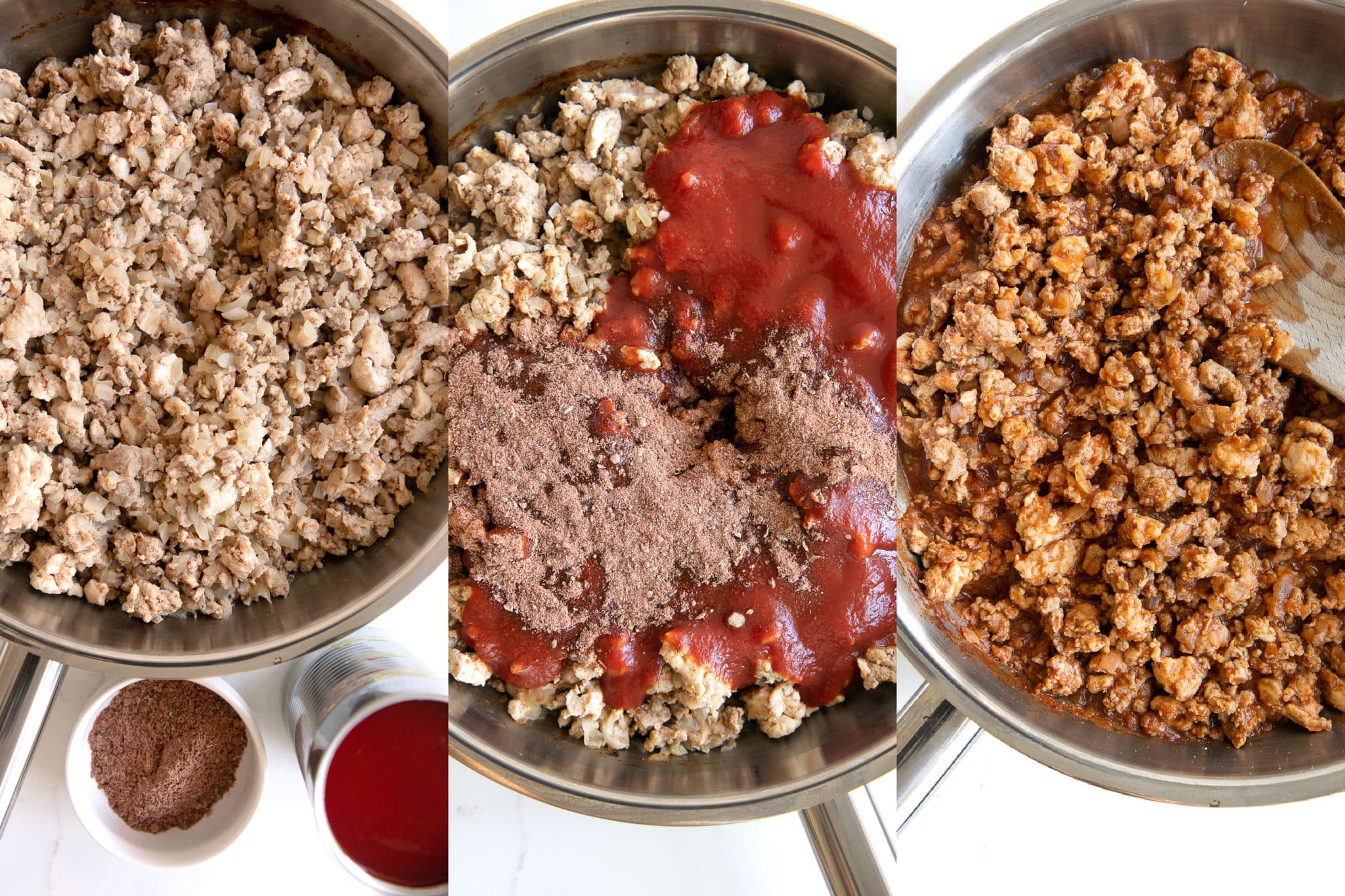 Collage of three images showing ground turkey taco meat cooking in a large skillet.