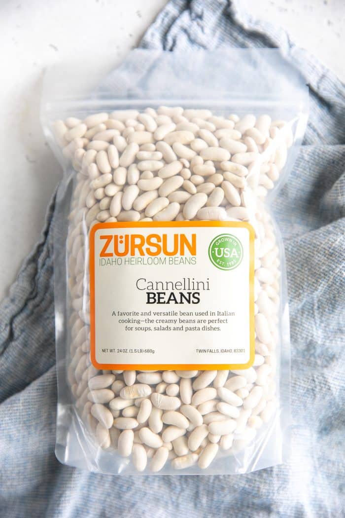 Unopened bag filled with Zursun Brand dried cannellini beans. 