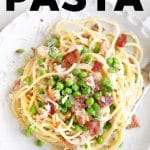 Pasta with Bacon and Peas Pinterest Pin image