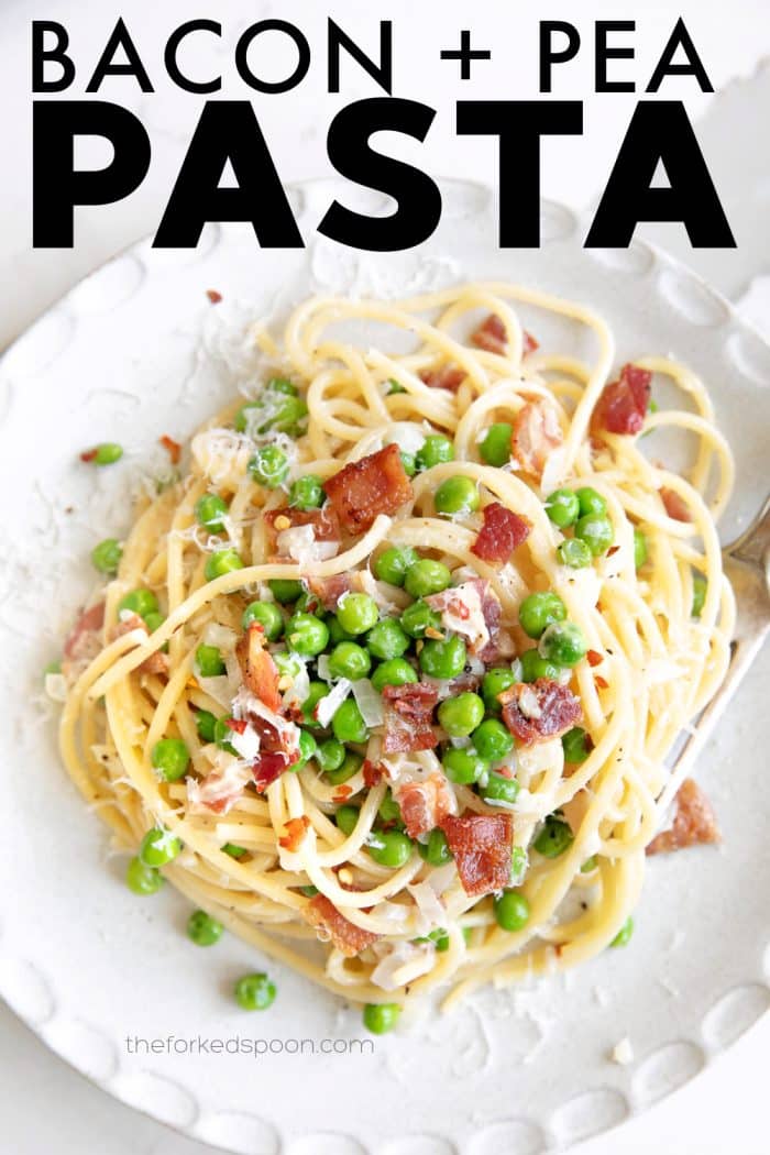 Pasta with Bacon and Peas Pinterest Pin image