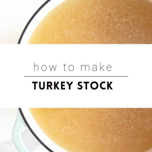 Turkey stock in a large pot with text overlay "how to make turkey stock"
