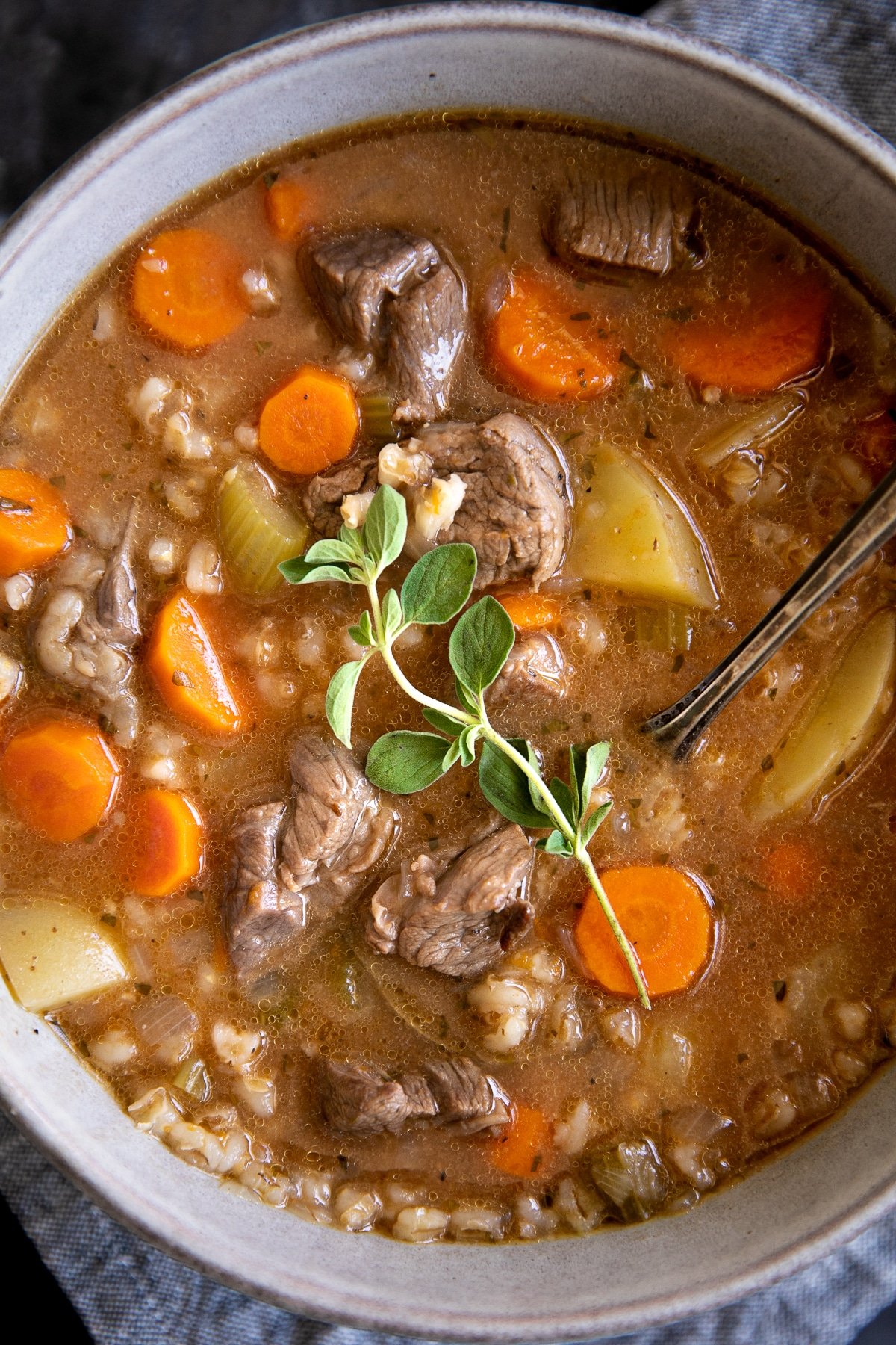 Overhead image of a large soup bowl filled with beef barley soup topped with fresh oregano.