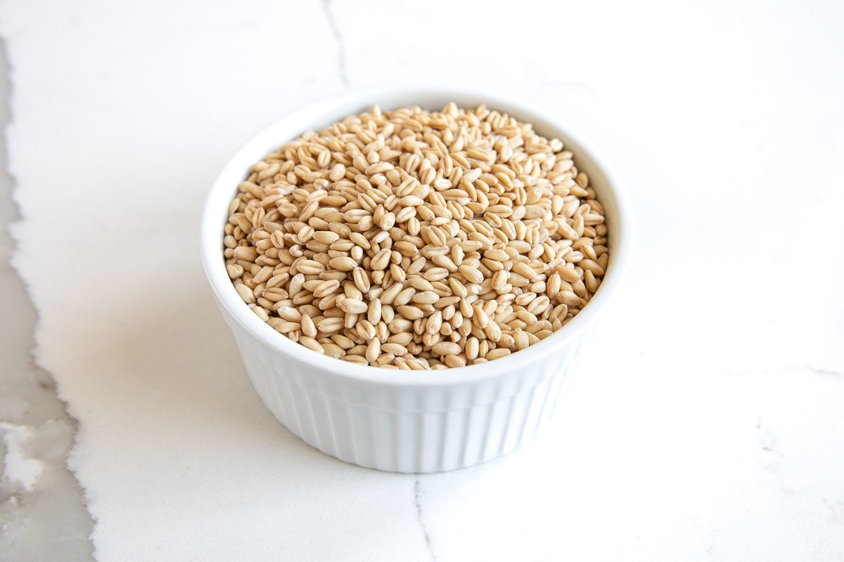 Small white ramekin filled with wheat groats or wheat berries.