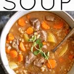 pinterest pin collage image of beef barley soup.
