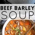 pinterest pin collage image of beef barley soup.
