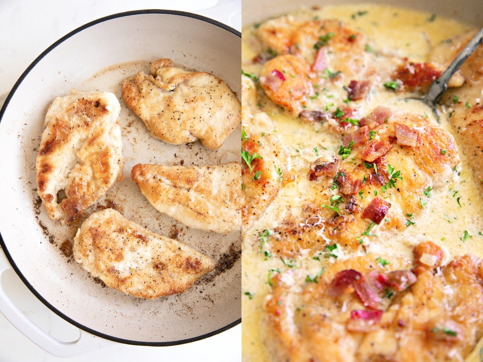 Two images side by side in a collage: the first image shows four chicken breasts cooking in a pan and the second image shows the complete recipe of chicken in a creamy bacon sauce.
