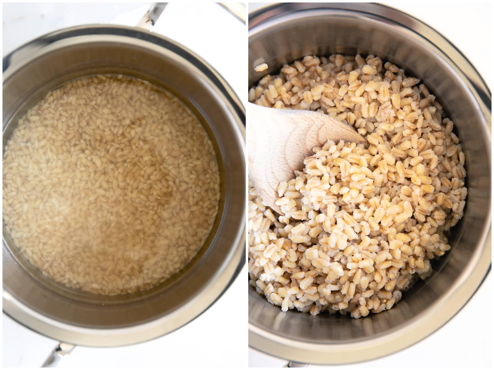 Two images in a collage: the first is of a pot filled with water and uncooked pearl barley and the second image of a pot filled with cooked pearl barley being fluffed with a wooden serving spoon.