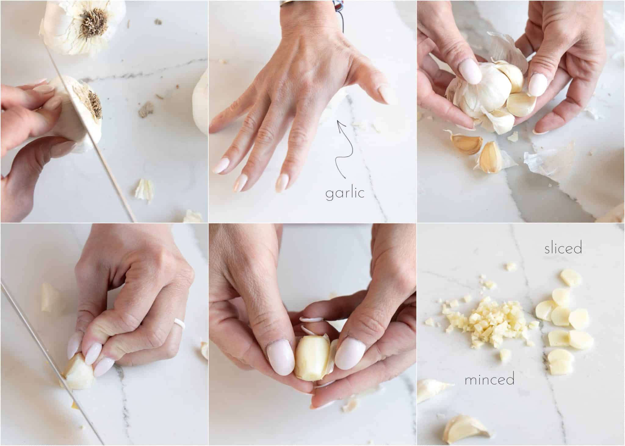 Collage of six images showing how to peel and mince garlic step-by-step.