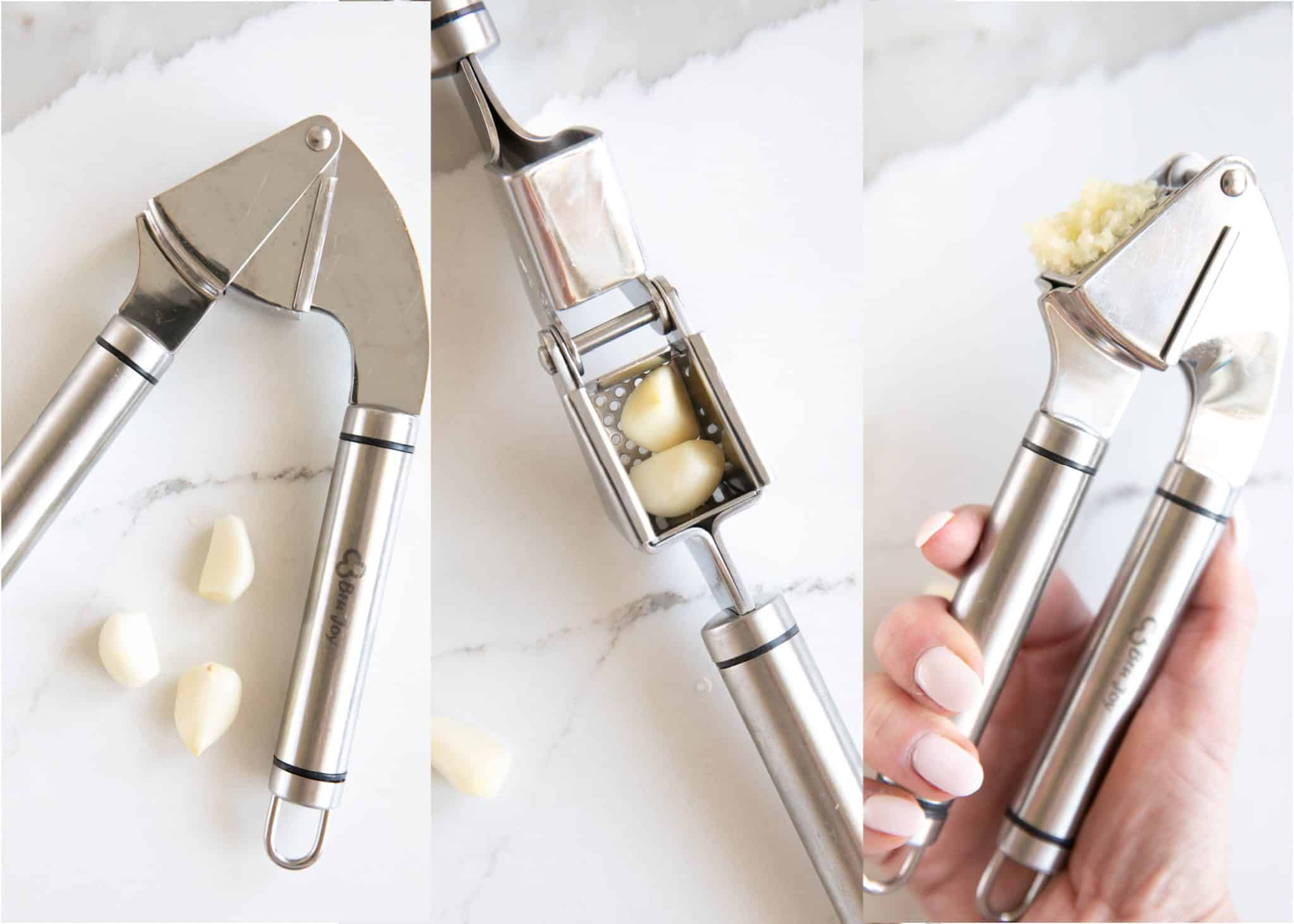 Collage of three images showing the steps to use a garlic press.