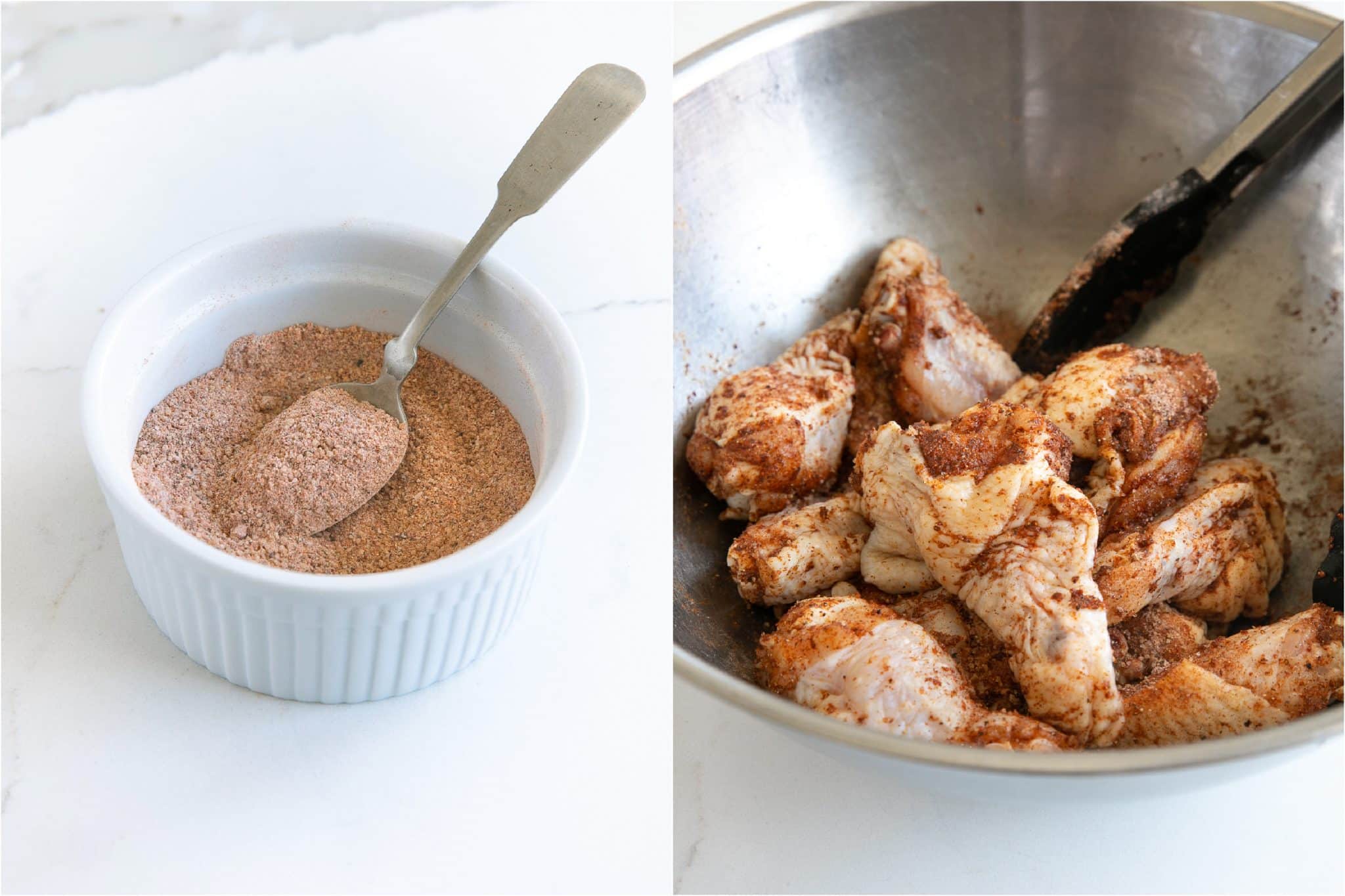 Two image collage- image on the left shows a small white bowl filled with homemade dry rub for chicken wings while the image on the right shows chicken wings in a mixing bowl covered with seasoning.