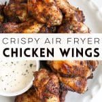 Plate of crispy air fryer chicken wings served with a side of ranch dipping sauce.