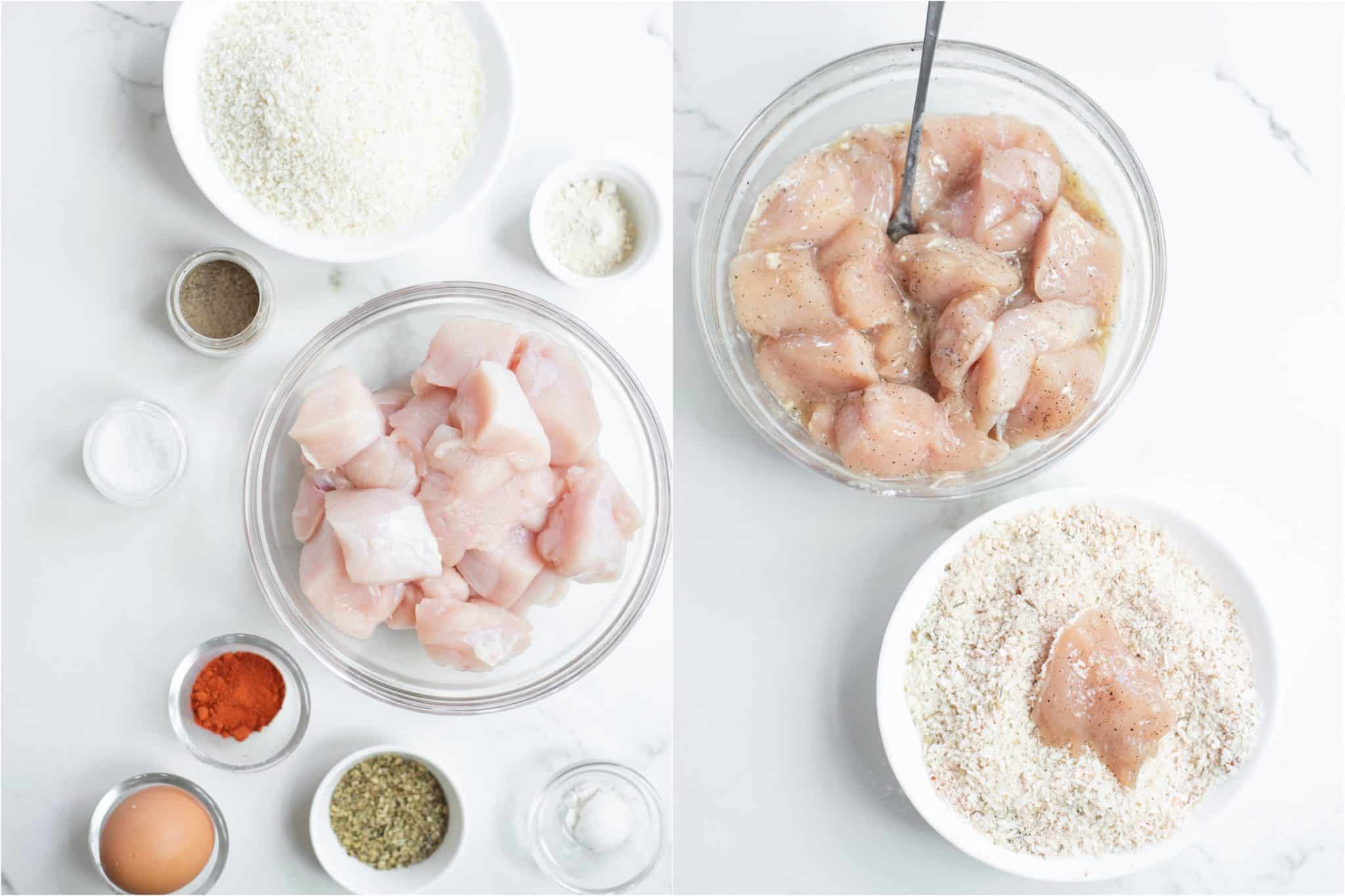 Ingredients for Air Fryer Chicken Nuggets in small bowls and second image of chicken pieces in glass bowl with a plate of breadcrumbs for breading.